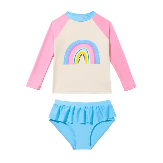 YANGXINX Girls Swimsuits Summer Rainbow Printed Long Sleeve Rash Guard Bathing Suits with Ruffle Bottoms Beach Vacatino Swimwear swimsuit for girl