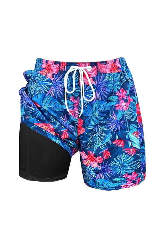 Men Swim Trunks with Compresssion Liner 2026 Summer Tropical Floral Print Board Shorts Drawstring Elastic Waist Beach Shorts Swimwear