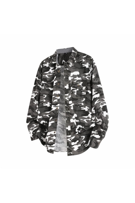 Men's Camo Button Down Shirts 2026 Trendy Camouflage Printed Long Sleeved Collared Tops with Pockets Tropical Casual Loose Fit Jackets