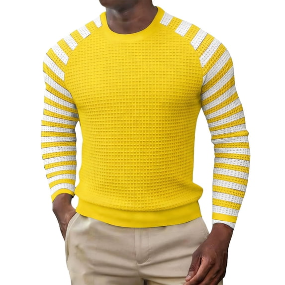 YANGXINX Men's Long Sleeve T Shirt Waffle Knit Striped Color Block Crewneck Casual Top Soft Breathable Comfort Relaxed Fit Tees