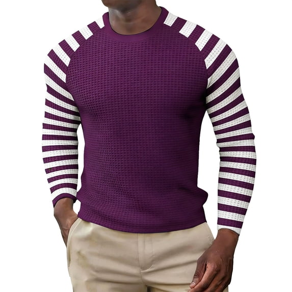 YANGXINX Men's Long Sleeve T Shirt Waffle Knit Striped Color Block Crewneck Casual Top Soft Breathable Comfort Relaxed Fit Tees
