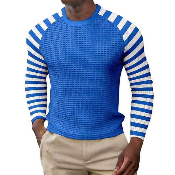 YANGXINX Men's Long Sleeve T Shirt Waffle Knit Striped Color Block Crewneck Casual Top Soft Breathable Comfort Relaxed Fit Tees