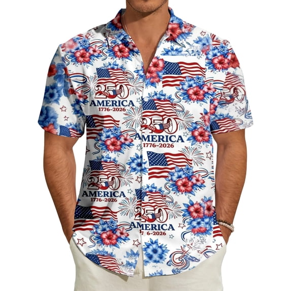 YANGXINX Men's Patriotic Button Down Shirts 2026 Fashion Anniversary USA Flag Print Short Sleeve Tees Casual 250Th Hawaiian Beach Outfits