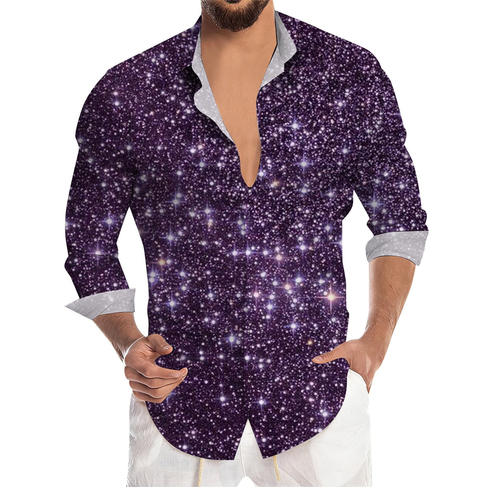 glitter dress shirt YANGXINX Men's Sequin Button Down Shirts Glitter Print Long Sleeve Lapel  Collar Party Tops Trendy Business Casual Festival Night Out Clothes