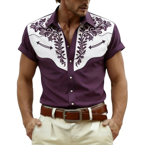 YANGXINX Mens Short Sleeve Graphic Shirts Western Vintage Print Button Down Tops 2026 Stylish Casual Comfort Classic Fit Shirt