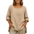 thumbnail image 1 of YANGXINX Women's Linen Long Sleeve Shirts Summer Trendy Lightweight Solid Crew Neck Pullover Tops Casual Loose Fit Comfy Loose Tunics, 1 of 5