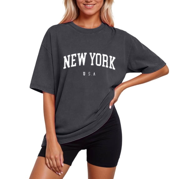 YANGXINX Women's Oversized T Shirt Trendy Washed Letter Print Drop Shoulder Short Sleeve Crewneck Blouses Stretchy Comfy Relaxed Fit Tops