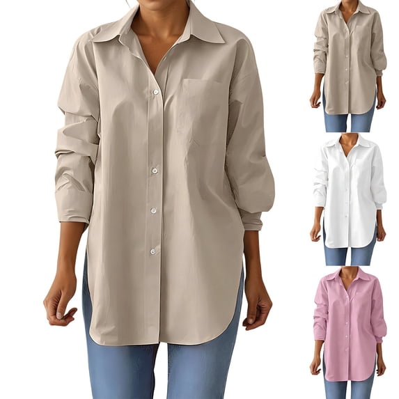 YANGXINX Womens Dress Shirts Long Sleeve Button Down Elegant Free Collared Work Office Solid Blouses Dressy Casual Relaxed Fit Tops