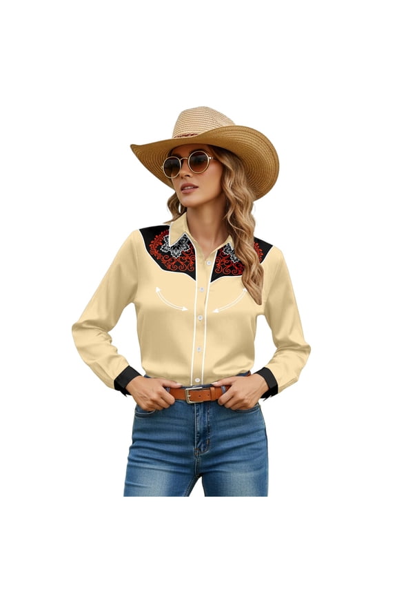 Womens Long Sleeve Shirts Vintage Western Floral Print Button Down Collared Blouses Spring Summer Vacation Casual Classic Tunic Tops