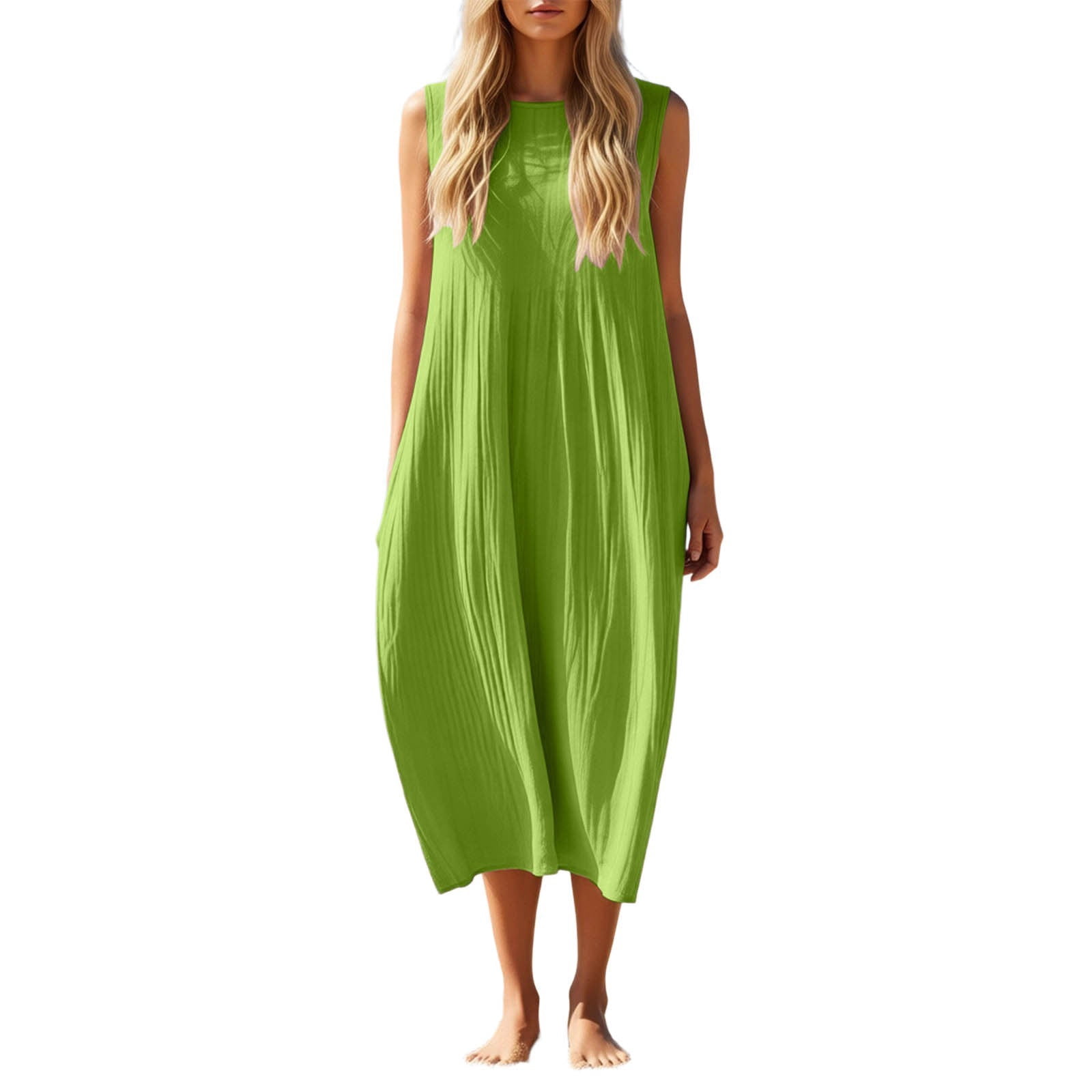 YANGXINX Womens Summer Dresses 2026 Linen Solid Color Sleeveless Round Neck Casual Shirts Dress with Pockets Comfortable Flowy Tunic Clothes