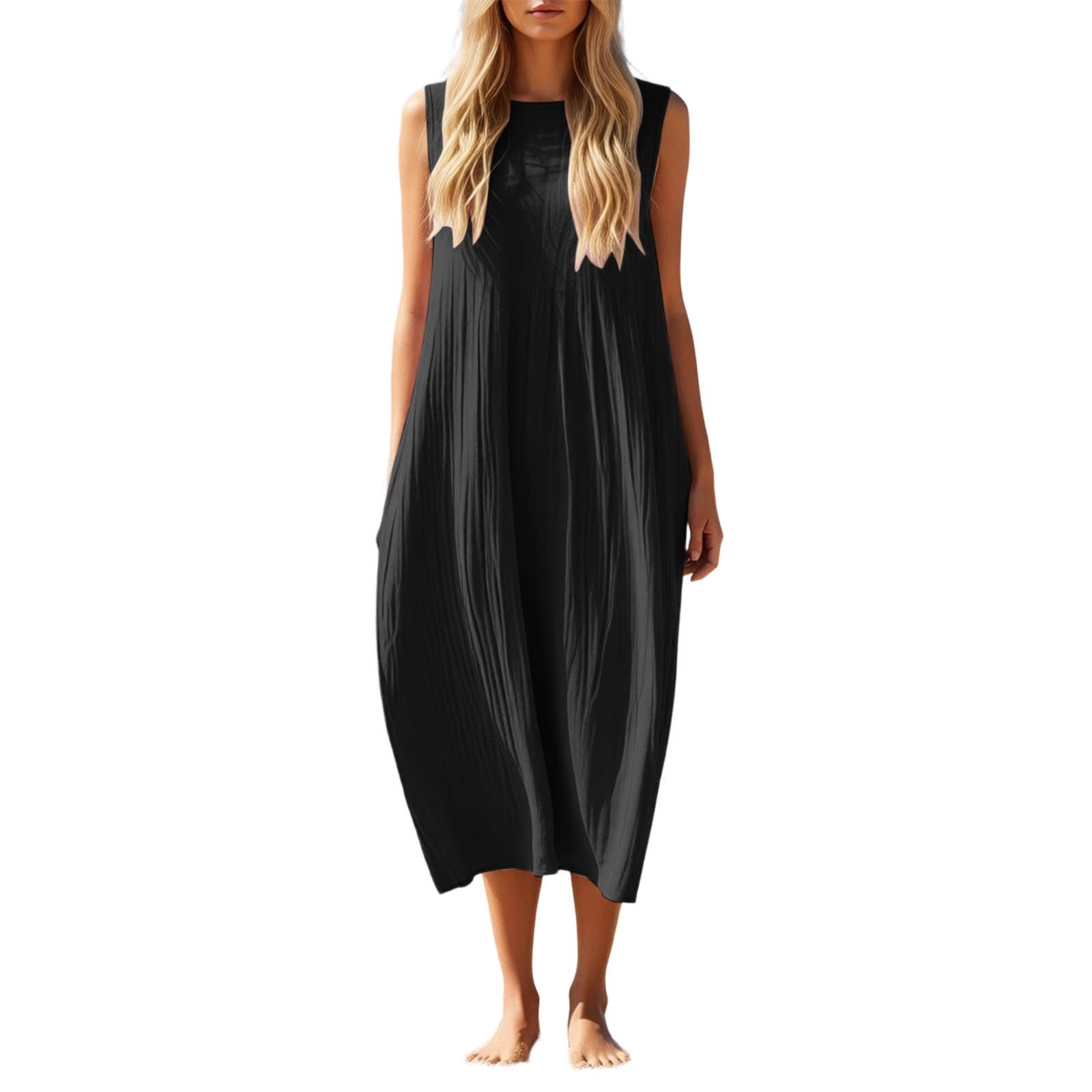 YANGXINX Womens Summer Dresses 2026 Linen Solid Color Sleeveless Round Neck Casual Shirts Dress with Pockets Comfortable Flowy Tunic Clothes