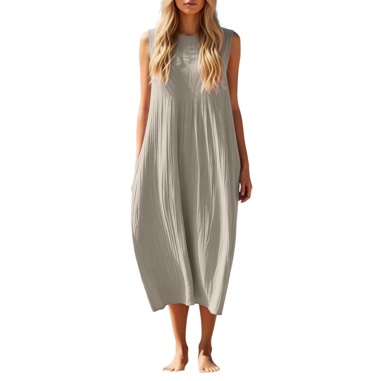 YANGXINX Womens Summer Dresses 2026 Linen Solid Color Sleeveless Round Neck Casual Shirts Dress with Pockets Comfortable Flowy Tunic Clothes