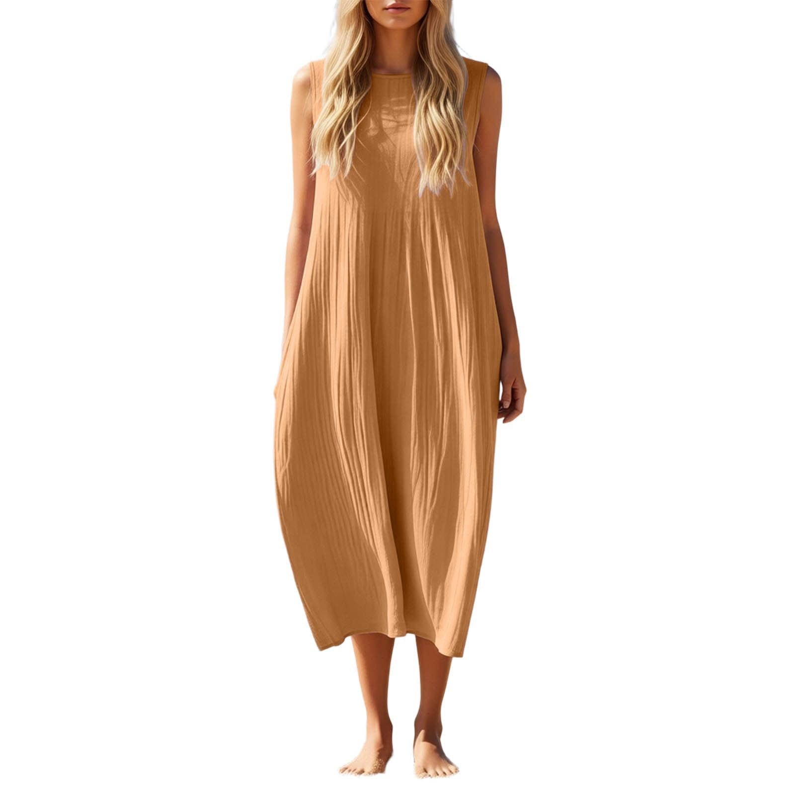 YANGXINX Womens Summer Dresses 2026 Linen Solid Color Sleeveless Round Neck Casual Shirts Dress with Pockets Comfortable Flowy Tunic Clothes