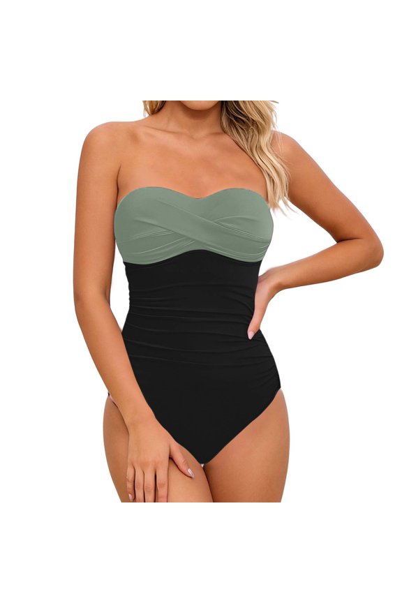 Womens Swimsuits Tummy Control Bathing Suit One Piece Strapless Removable Belt Solid Color 2026 Summer Beachwear Swimwear