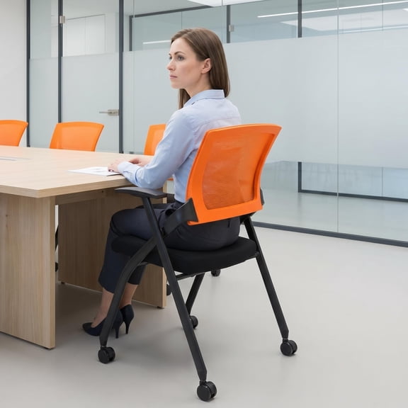 YANGXUN 1 Pack Orange Stackable Folding Conference Chair with Rolling Wheels Rebound Back Padded Training Room Chair 350 LBS Weight Capacity Guest Reception Event Office Chair