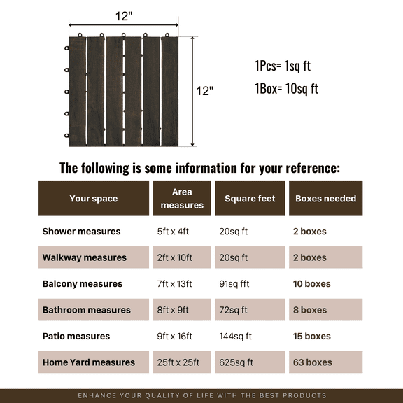 YANGXUN 10 PCS Interlocking Deck Tiles 12x12 Dark Brown Striped Acacia Hardwood Outdoor Flooring with Drainage Base for Patio Balcony Poolside