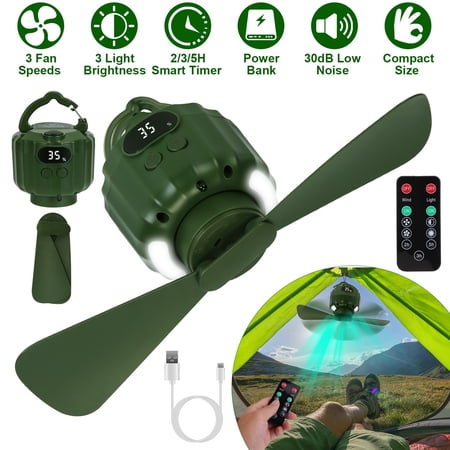 YANGXUN 10400mAh 3-in-1 Portable Camping Fan with LED Lantern Remote Control 3Speed Low Noise Hanging Tent Fan with Timer & Power Bank for Camping Fishing