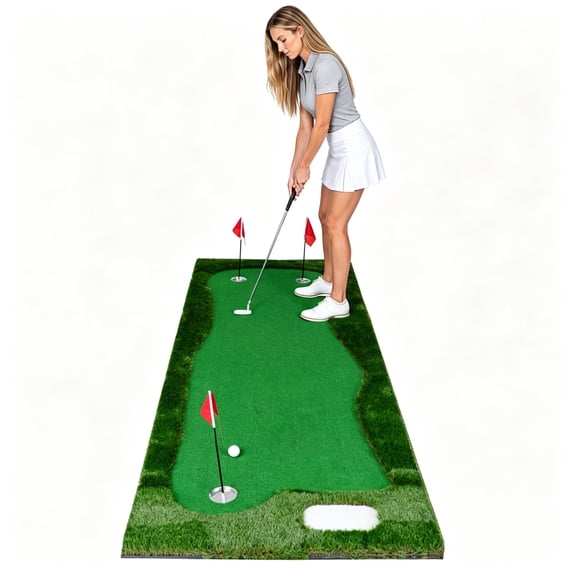 YANGXUN 10ft x 3.5ft Golf Putting Mat Real Roll Practice Green Turf Non-Slip Indoor Outdoor Golf Training Mat with Hole Cups & Flags