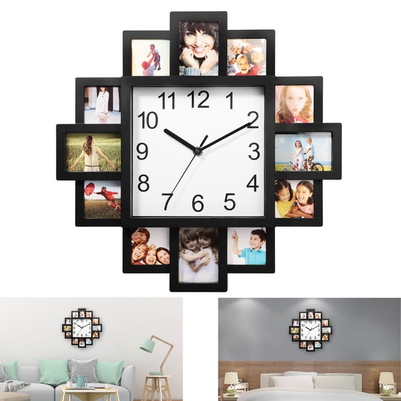 YANGXUN 12 Photo Slots Collage Wall Clock Chic Farmhouse ABS Wall Mounted Photo Frame Clock Dual Function Time & Picture Display Decor for Living Room Bedroom Kitchen Office