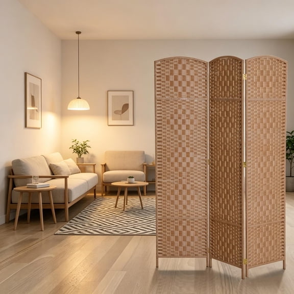 YANGXUN 3 Panel Folding Room Divider 6ft Tall Freestanding Privacy Screen with Dual Directional Hinges Diamond Woven Natural Fiber Poplar Wood Frame Partition for Home Office Natural Wood