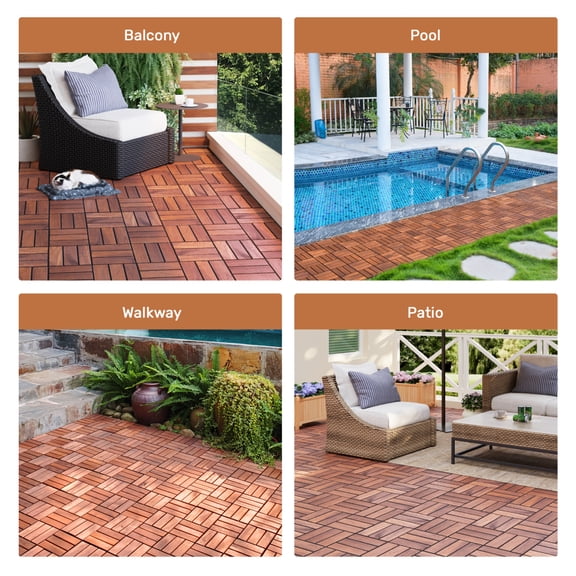 YANGXUN 30 Piece Interlocking Acacia Wood Deck Tiles 12x12 Inch Checker Pattern All Weather Hardwood Outdoor Flooring Blocks for Patio Balcony Poolside