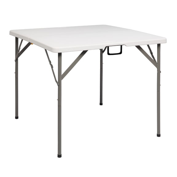 YANGXUN 34 Inch Blow Molded Fold-in-Half Square Table White HDPE Tabletop Grey 25mm Steel Pipe Frame Portable Folding Utility Table for Picnic Camping BBQ Party