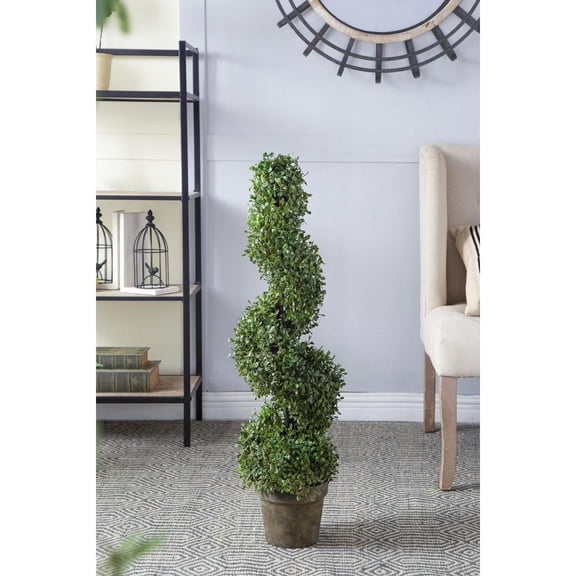 YANGXUN 35 Inch 3FT Artificial Spiral Boxwood Tree Realistic Green Polyester Faux Topiary with Pot for Entryway Porch Decor