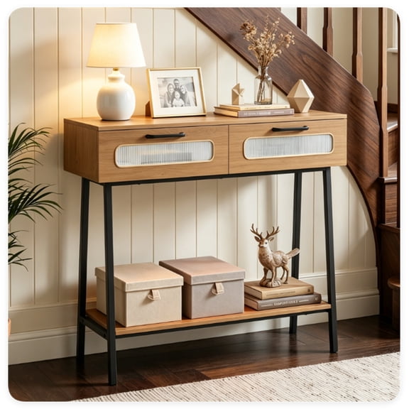 YANGXUN 36 Inch LED Console Table Narrow Entryway Sofa Side Table with 2 Fluted Drawers and Storage Shelf RGB Hallway Accent Base Natural