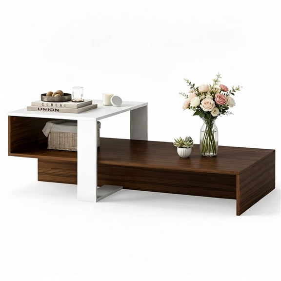 YANGXUN 39.5 Brown & White 2 Tier Modern Geometric Coffee Table Engineered Wood Low Center Table with Storage Shelf Waterproof Cross Base Accent Table for Living Room Tea Game Work
