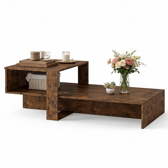 YANGXUN 39.5 Rustic Brown 2 Tier Modern Geometric Coffee Table Engineered Wood Low Center Table with Storage Shelf Waterproof Cross Base Accent Table for Living Room Tea Game Work