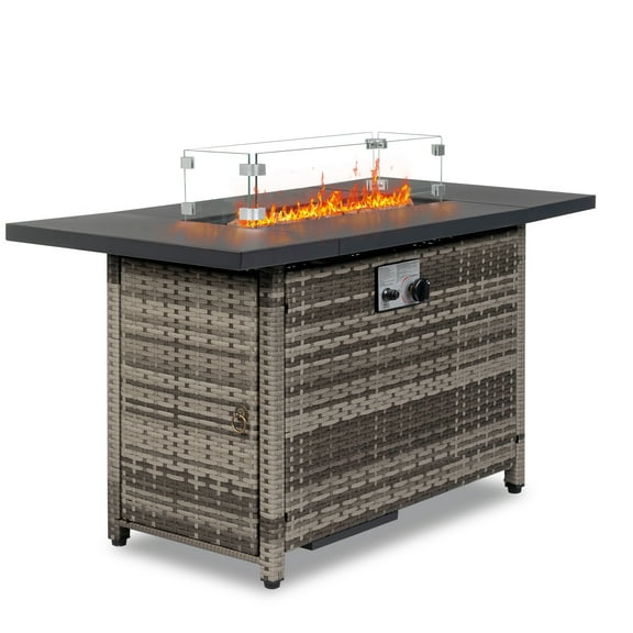 YANGXUN 43 Inch Outdoor Propane Fire Pit Table 50000 BTU Gas Firepit with Glass Wind Guard and Volcanic Stone