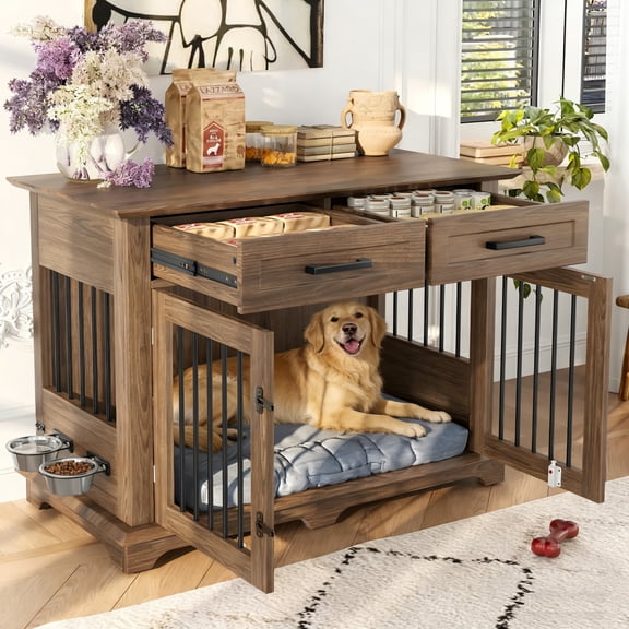 YANGXUN 44.48 Inch Furniture Style Wooden Dog Crate End Table for Medium Dogs MDF Indoor Pet Kennel with 2 Storage Drawers & 360 ° Rotatable Feeding Bowls Brown