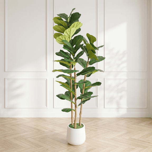 YANGXUN 5.2FT Real Touch Artificial Fiddle Leaf Fig Tree with White Decorative Pot Faux Green Plant for Living Room Office Indoor Corner Decor