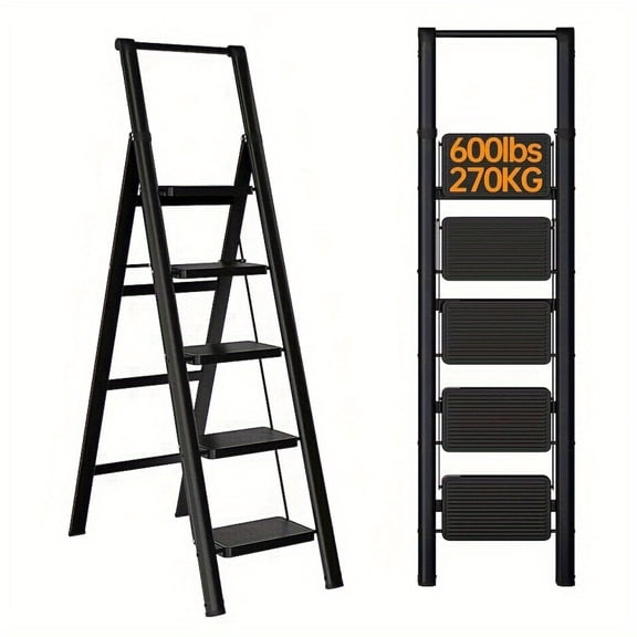 YANGXUN 5 Step Ladder Folding Step Stool 600 lbs Capacity Heavy Duty Carbon Steel Utility Ladder with Micro Arc Handrail Wide Anti Slip Pedals Portable Moving Workstation