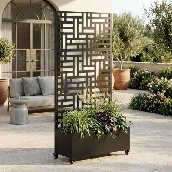 YANGXUN 73x35x16 Inch Metal Raised Garden Bed with Trellis Mobile Planter Box on Lockable Wheels Outdoor Privacy Screen for Climbing Plants and Vegetables