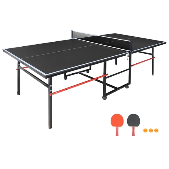 YANGXUN 8ft Black Foldable Mid-Size Table Tennis Table Set Portable Indoor Ping Pong Table with Net 2 Paddles & 3 Balls for Home Game Room Apartment