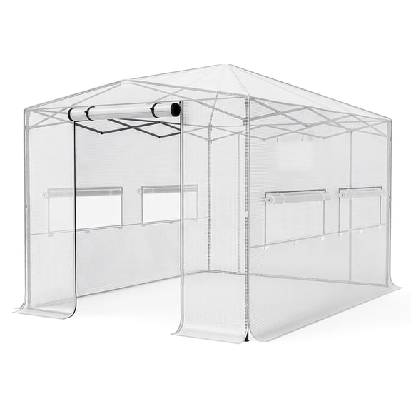 YANGXUN 8x12ft Large Walk In Garden Greenhouse Shed Heavy Duty Plastic Sprayed Iron Pipe Frame with Weatherproof PE Mesh Foldable Cover White