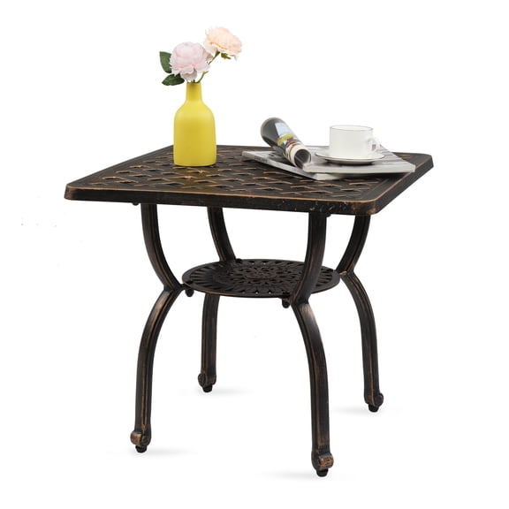 YANGXUN Antique Bronze Cast Aluminum Square Outdoor Side End Table Rustproof Patio Bistro Coffee Table with Hollow Tabletop & Storage Middle Shelf for Garden Porch Balcony Indoor