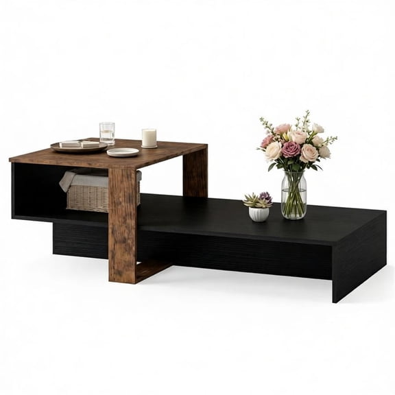 YANGXUN Black & Brown 2-Tier Modern Geometric Engineered Wood Coffee Table with Cross Base & Storage Shelf Waterproof Low Profile Center Accent Table for Living Room Tea Game Work