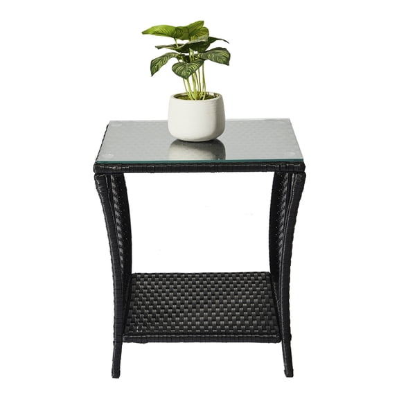 YANGXUN Black Square PE Wicker Patio Side Table with Tempered Glass Top & Lower Storage Shelf Heavy Duty Outdoor End Bistro Coffee Table for Porch Garden Backyard