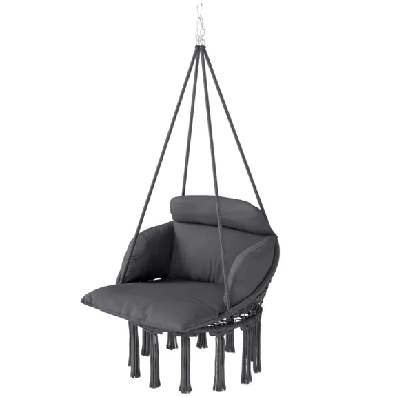 YANGXUN Dark Gray Macrame Hanging Chair Weather Resistant Polyester Cotton Cushioned Swing with Strong Steel Suspension System