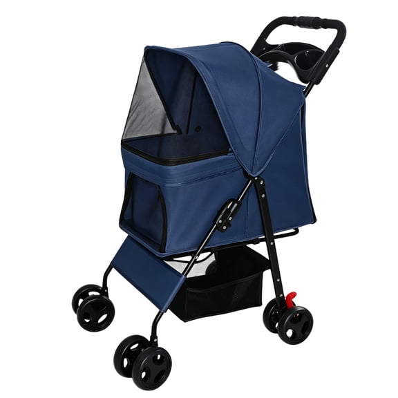 YANGXUN Foldable Pet Stroller for Small Dogs and Cats Under 28 lbs Blue Carbon Steel 4 Wheel Dog Travel Carriage with Multi Functional Tray and Storage Basket