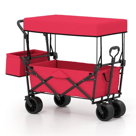 YANGXUN Foldable Utility Wagon Collage Garden Cart with Removable Canopy Adjustable Handle Puncture Proof Wheels and Side Pockets Red