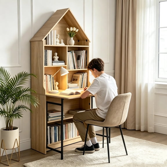 YANGXUN Folding Craft Desk with Storage Shelves Convertible Hideaway Bookshelf to Table Space Saving Multifunctional Vanity Desk for Small Spaces