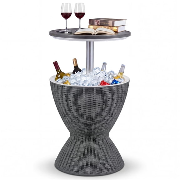 YANGXUN Gray 8 Gallon Imitation Rattan Outdoor Ice Cooler Side Table 2 Height Adjustable PP Cooler with Drain Plug for Patio Pool Deck