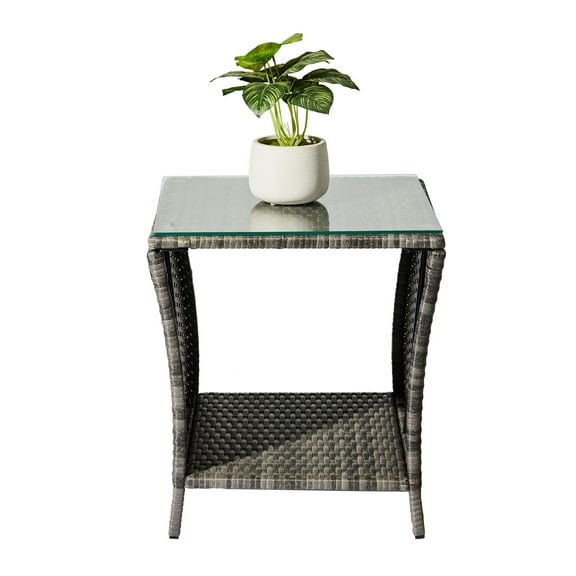 YANGXUN Grey Square PE Wicker Patio Side Table with Tempered Glass Top & Lower Storage Shelf Heavy Duty Outdoor End Bistro Coffee Table 110 LBS Capacity for Porch Garden Backyard