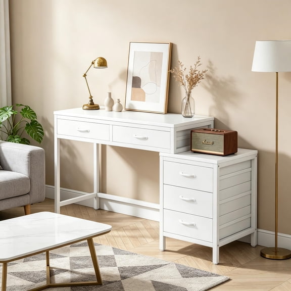 YANGXUN Industrial Rustic Computer Desk with 2 Drawers & 3-Drawer File Cabinet E1 Particleboard Metal Frame Home Office Desk