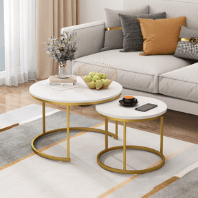 YANGXUN Luxury White Gold 2 Piece Nesting Coffee Table Luxury Faux Marble Top Round Metal Wire Frame Sofa Side Table Stackable Display Accent Table Unit for Living Room Parlor