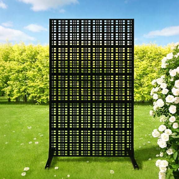 YANGXUN Metal Privacy Screen 72 Inch Outdoor and Indoor Freestanding Room Divider Decorative Geometric Pattern Partition Panel for Balcony Patio Garden Grid Black