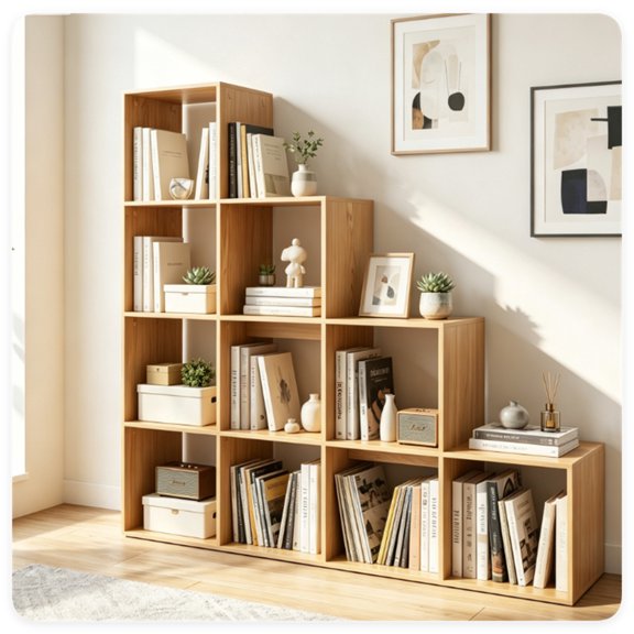 YANGXUN Natural 4 Tier Stepped 10 Cube Open Bookshelf Engineered Wood Freestanding Storage Display Rack with Anti Tipping Kits for Living Room Bedroom Hallway Office